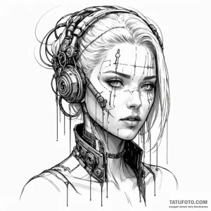 A cyberpunk oracle, her eyes are blank white,... - эскиз тату (№1750245806_0, 18.06.2025 11:23) — Tatufoto.com