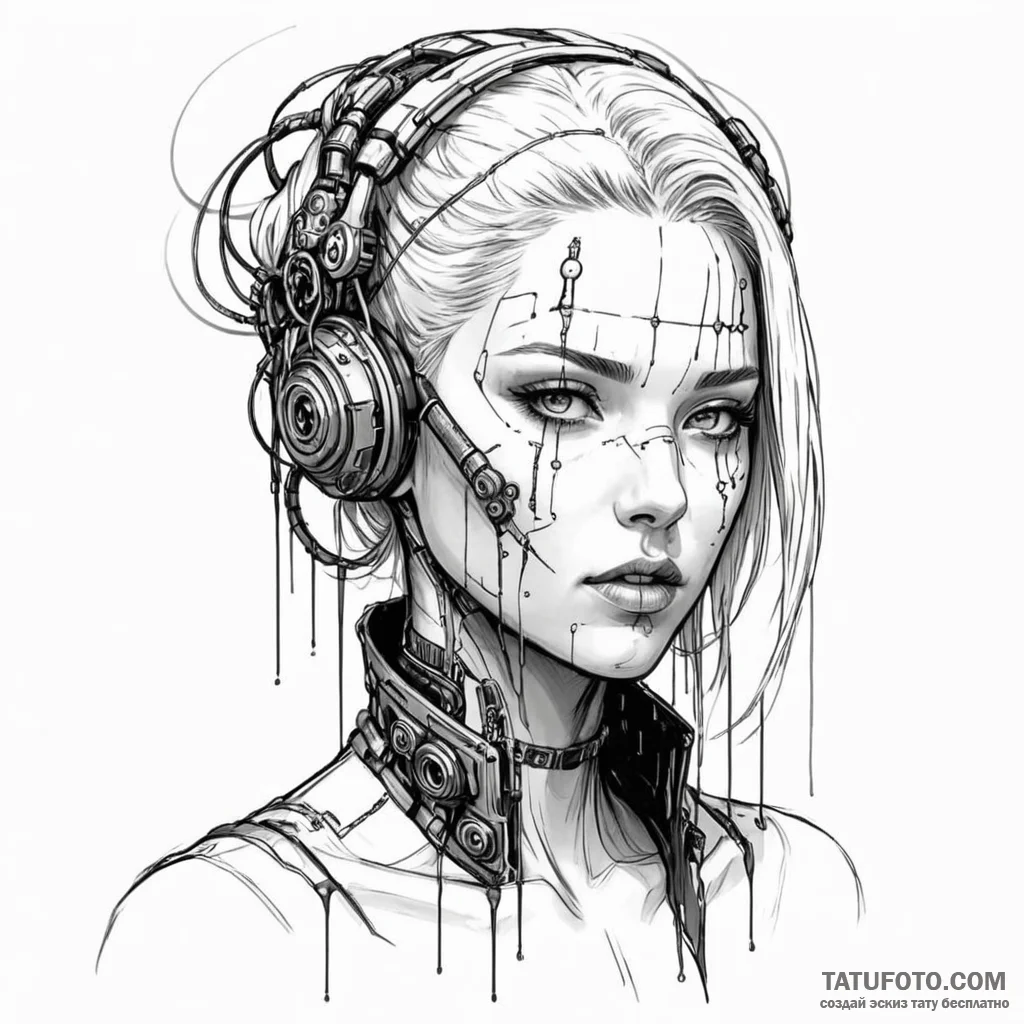A cyberpunk oracle, her eyes are blank white,... - эскиз тату (№1750245806_0, 18.06.2025 11:23) — Tatufoto.com