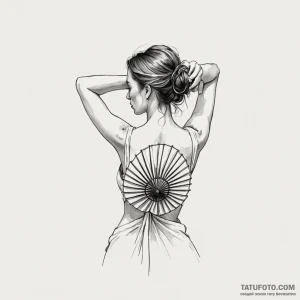 A woman with her back to us, a large fan vent... - эскиз тату (№1750246568_0, 18.06.2025 11:36) — Tatufoto.com