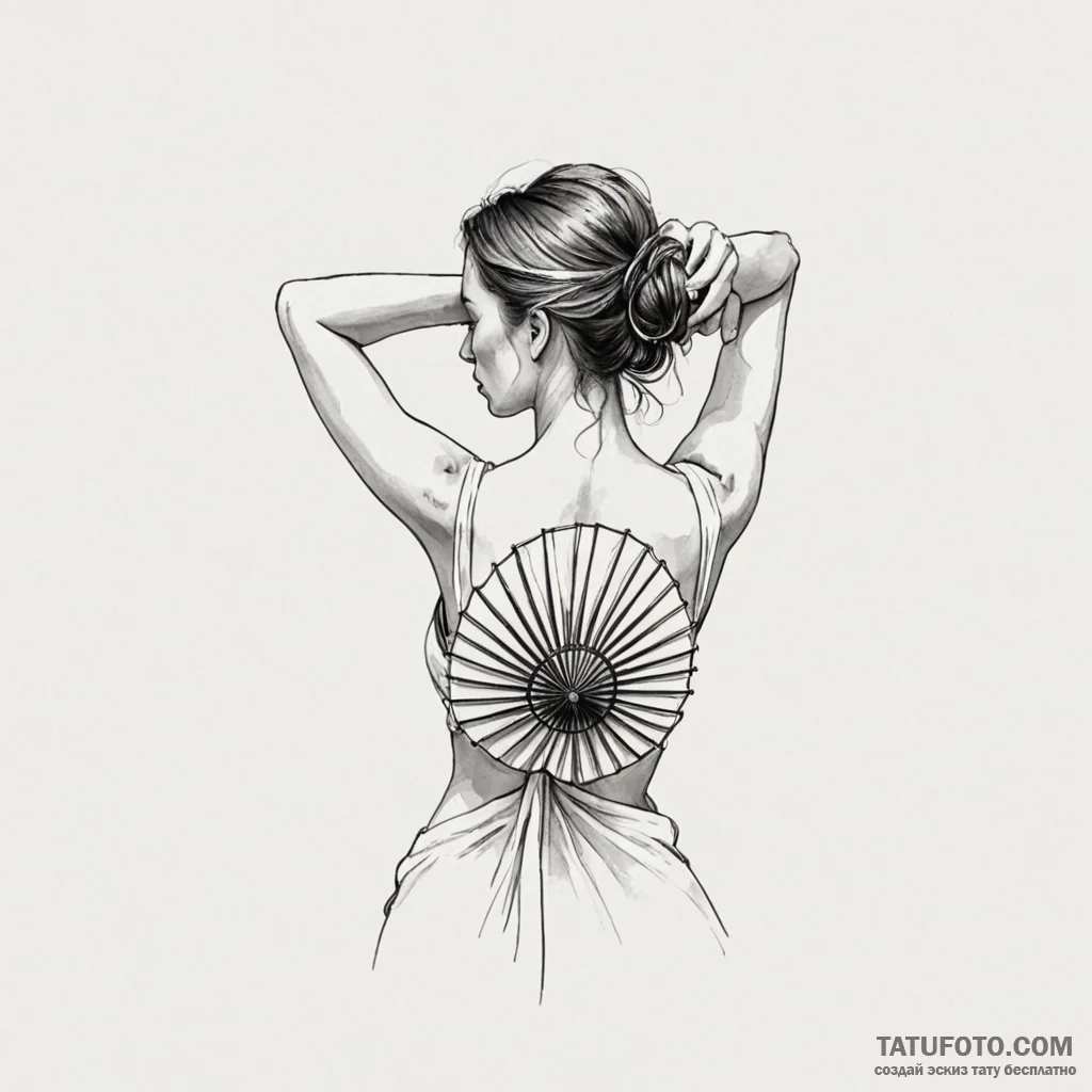 A woman with her back to us, a large fan vent... - эскиз тату (№1750246568_0, 18.06.2025 11:36) — Tatufoto.com