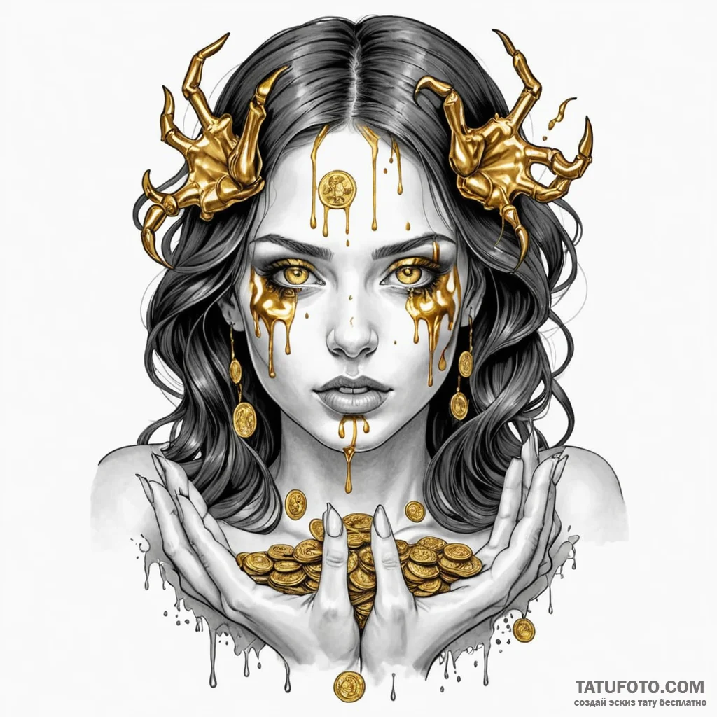 A woman as greed, her body is dripping with m... - эскиз тату (№1750249239_0, 18.06.2025 12:20) — Tatufoto.com