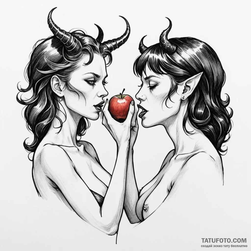 A demon offering a woman a beautiful, perfect... - эскиз тату (№1750249933_0, 18.06.2025 12:32) — Tatufoto.com