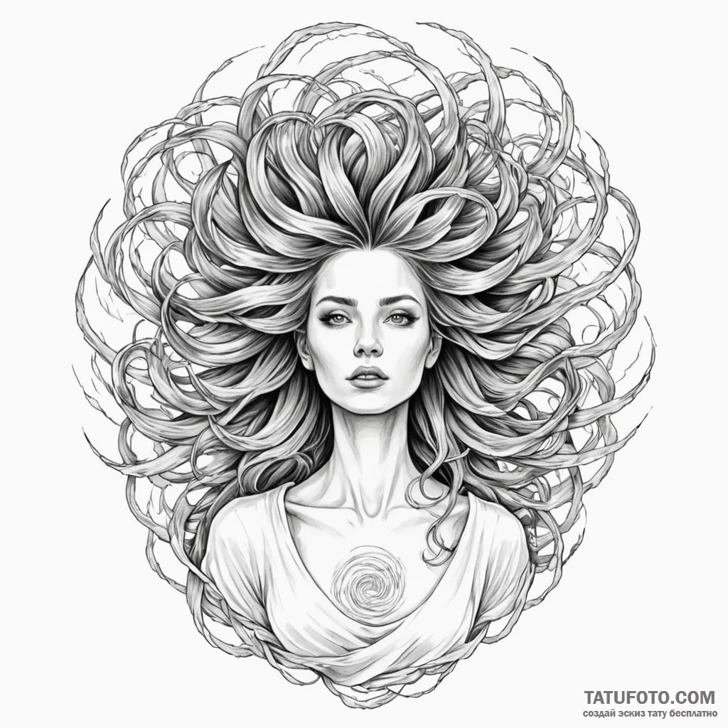 A woman whose hair is a swirling vortex of so... - эскиз тату (№1750249996_0, 18.06.2025 12:33) — Tatufoto.com