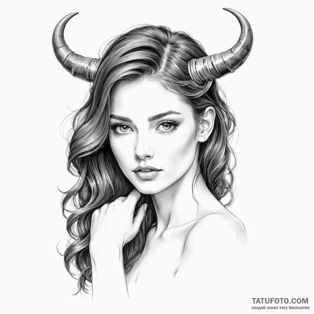A beautiful woman with small, elegant horns p... - эскиз тату (№1750250876_0, 18.06.2025 12:47) — Tatufoto.com
