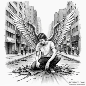 A fallen angel has landed in a modern city st... - эскиз тату (№1750250938_0, 18.06.2025 12:48) — Tatufoto.com