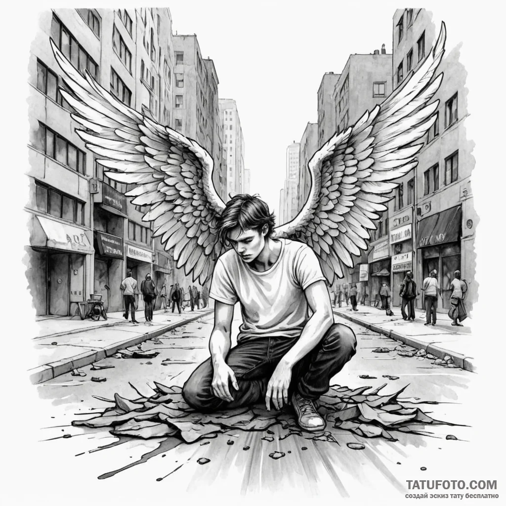 A fallen angel has landed in a modern city st... - эскиз тату (№1750250938_0, 18.06.2025 12:48) — Tatufoto.com