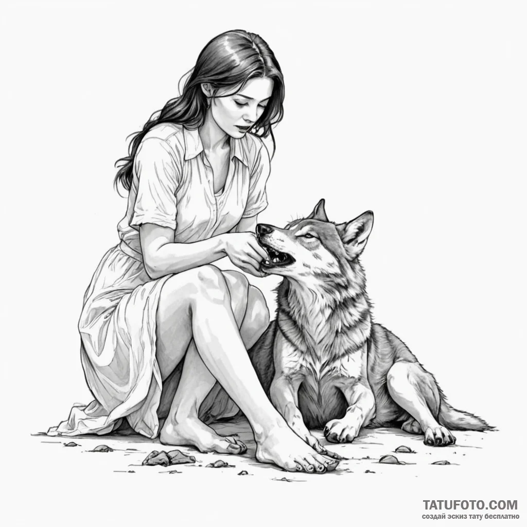 A woman as kindness, she is tending to a woun... - эскиз тату (№1750251001_0, 18.06.2025 12:50) — Tatufoto.com