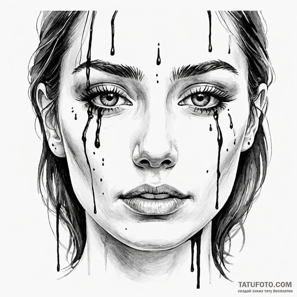 A woman's face, one eye weeps a single, pure... - эскиз тату (№1750251127_0, 18.06.2025 12:52) — Tatufoto.com