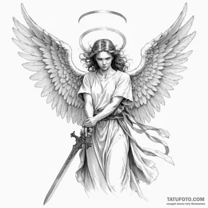 An angel sharpening its sword, its expression... - эскиз тату (№1750251632_0, 18.06.2025 13:00) — Tatufoto.com