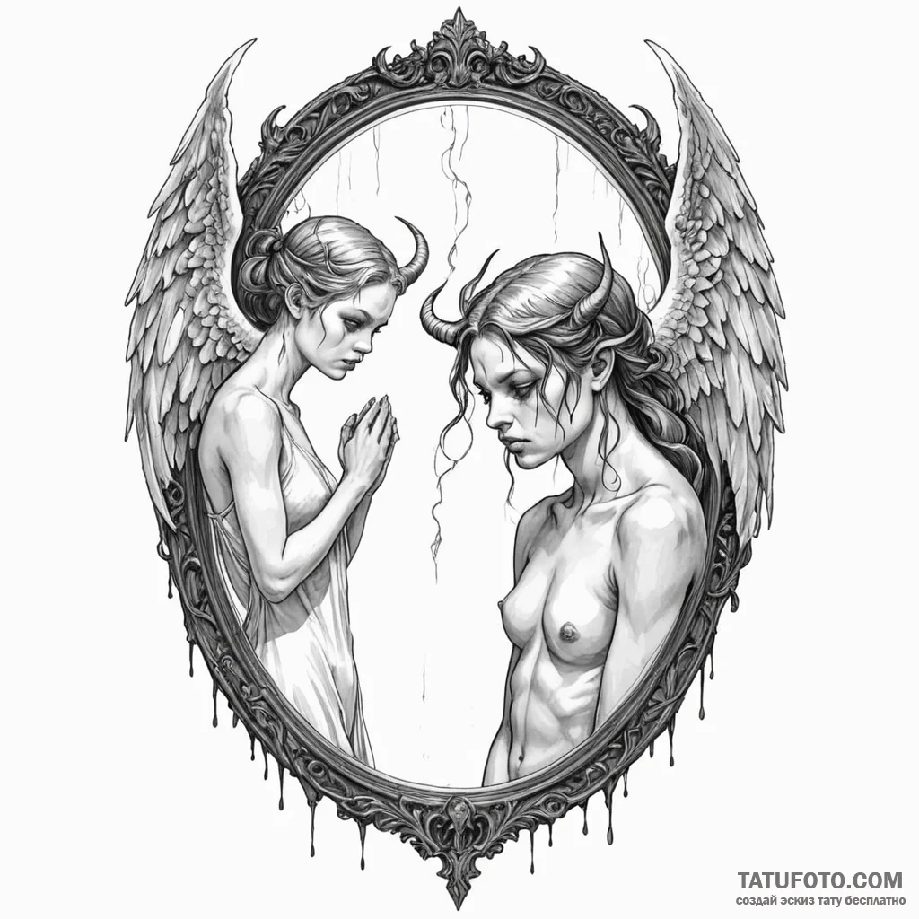 A demon looking at its own reflection and see... - эскиз тату (№1750251757_0, 18.06.2025 13:02) — Tatufoto.com