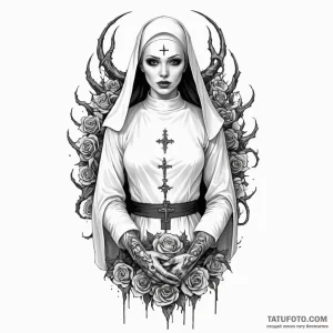 A beautiful nun with her habit slightly torn,... - эскиз тату (№1750251882_0, 18.06.2025 13:04) — Tatufoto.com