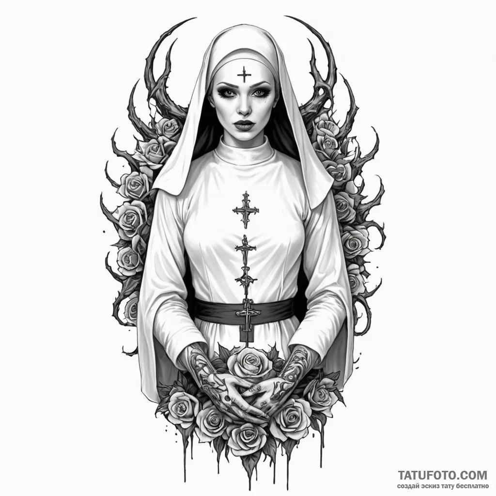 A beautiful nun with her habit slightly torn,... - эскиз тату (№1750251882_0, 18.06.2025 13:04) — Tatufoto.com