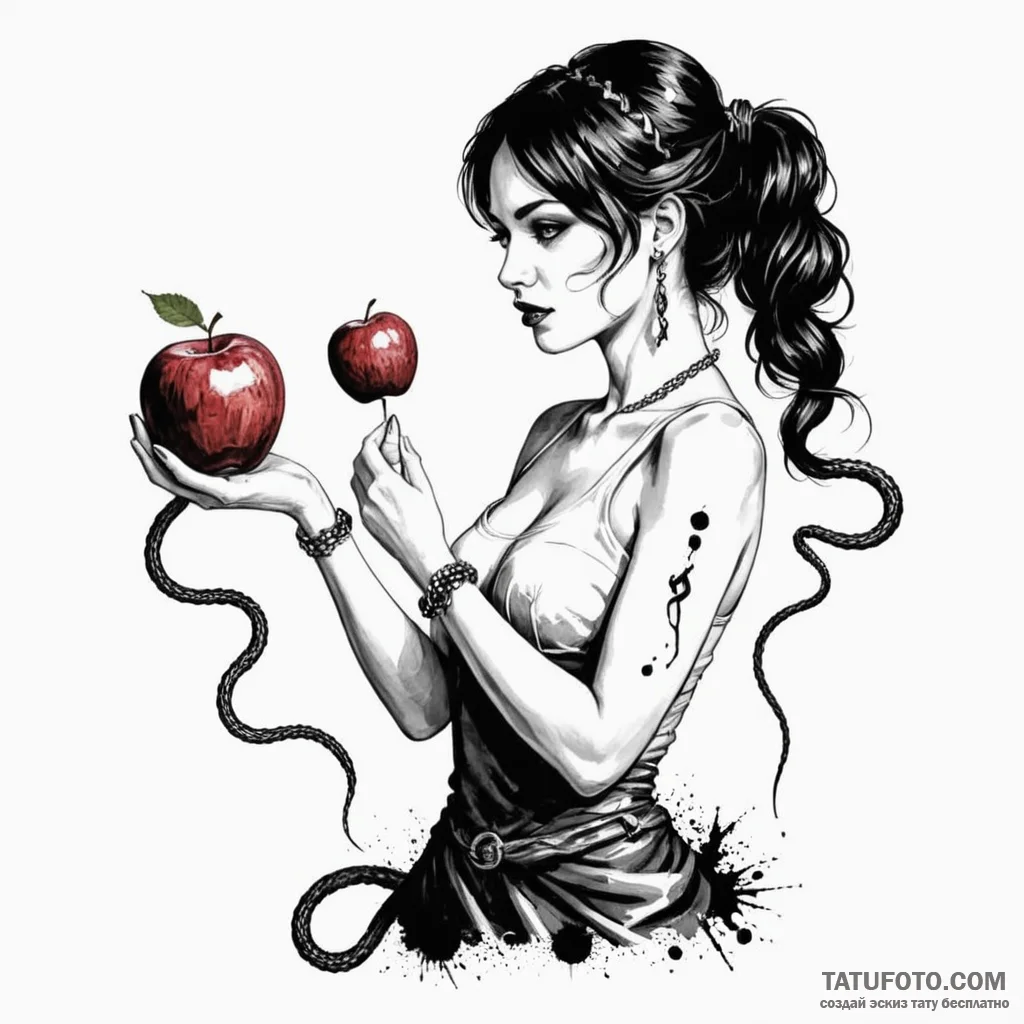 A woman offers you an apple, her shadow is a... - эскиз тату (№1750254355_0, 18.06.2025 13:45) — Tatufoto.com