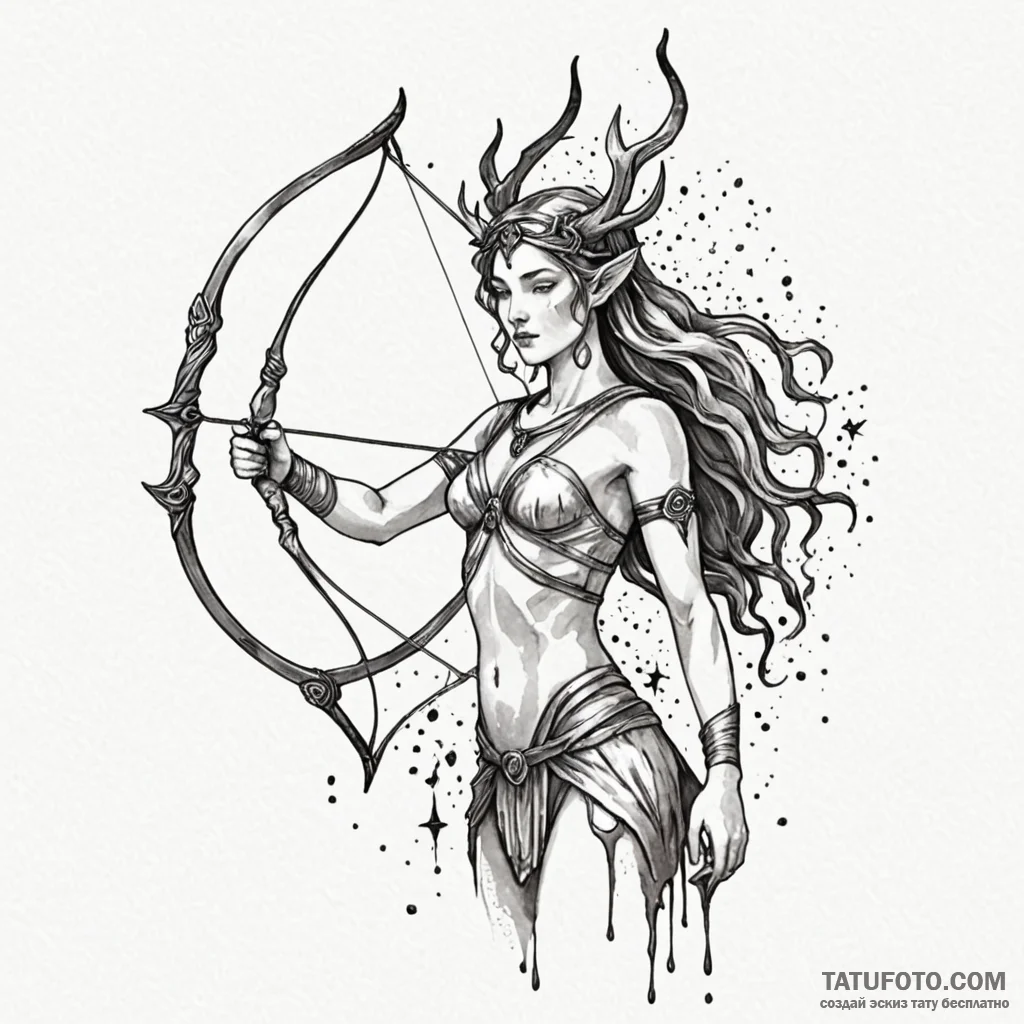 Artemis, goddess of the hunt, with a glowing... - эскиз тату (№1750254544_0, 18.06.2025 13:49) — Tatufoto.com