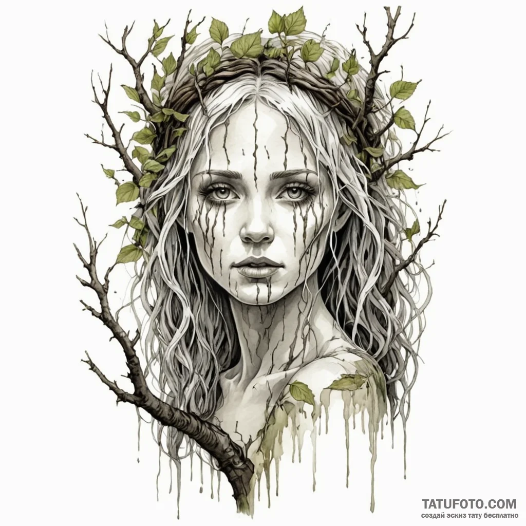 A forest dryad, her skin is birch bark, her h... - эскиз тату (№1750255369_0, 18.06.2025 14:02) — Tatufoto.com