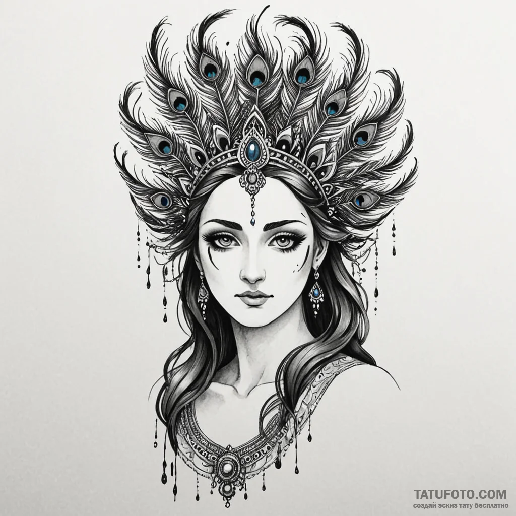 The goddess hera, her peacock feathers are ma... - эскиз тату (№1750256259_0, 18.06.2025 14:17) — Tatufoto.com