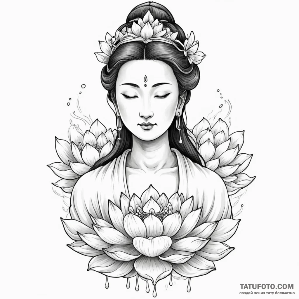 A serene kuan yin, goddess of mercy, a single... - эскиз тату (№1750257211_0, 18.06.2025 14:33) — Tatufoto.com