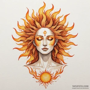 The sun goddess sol, her skin is molten gold,... - эскиз тату (№1750257404_0, 18.06.2025 14:36) — Tatufoto.com