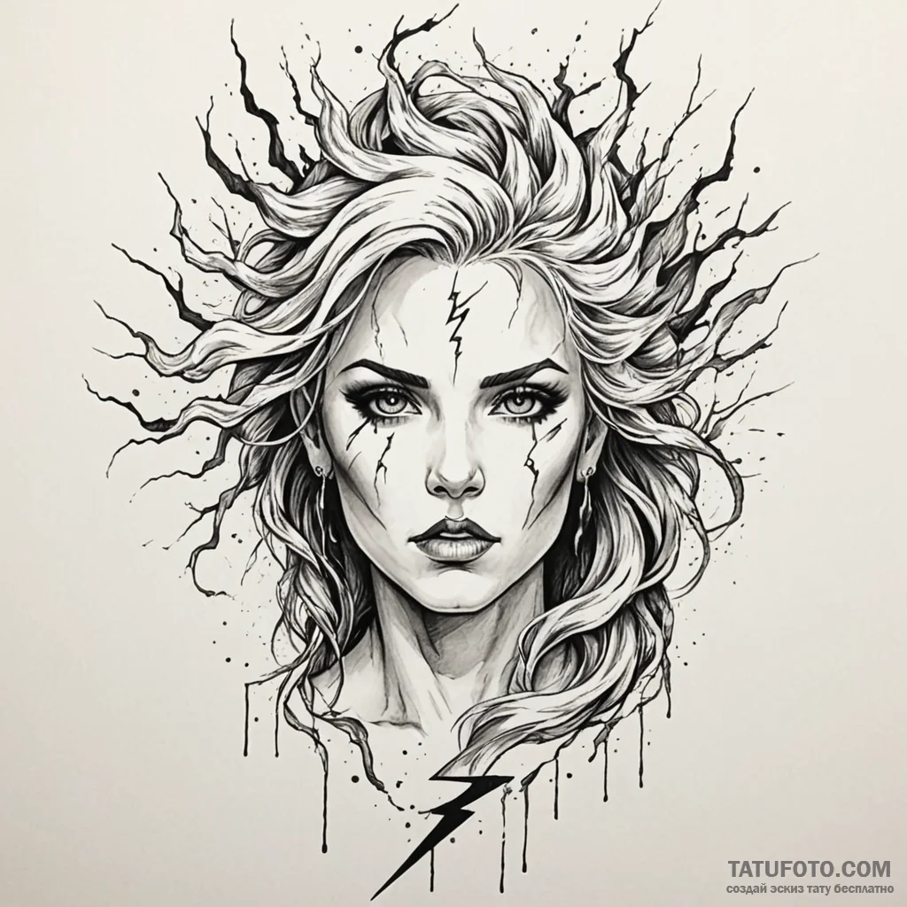 A powerful storm goddess, her hair is a thund... - эскиз тату (№1750258101_0, 18.06.2025 14:48) — Tatufoto.com