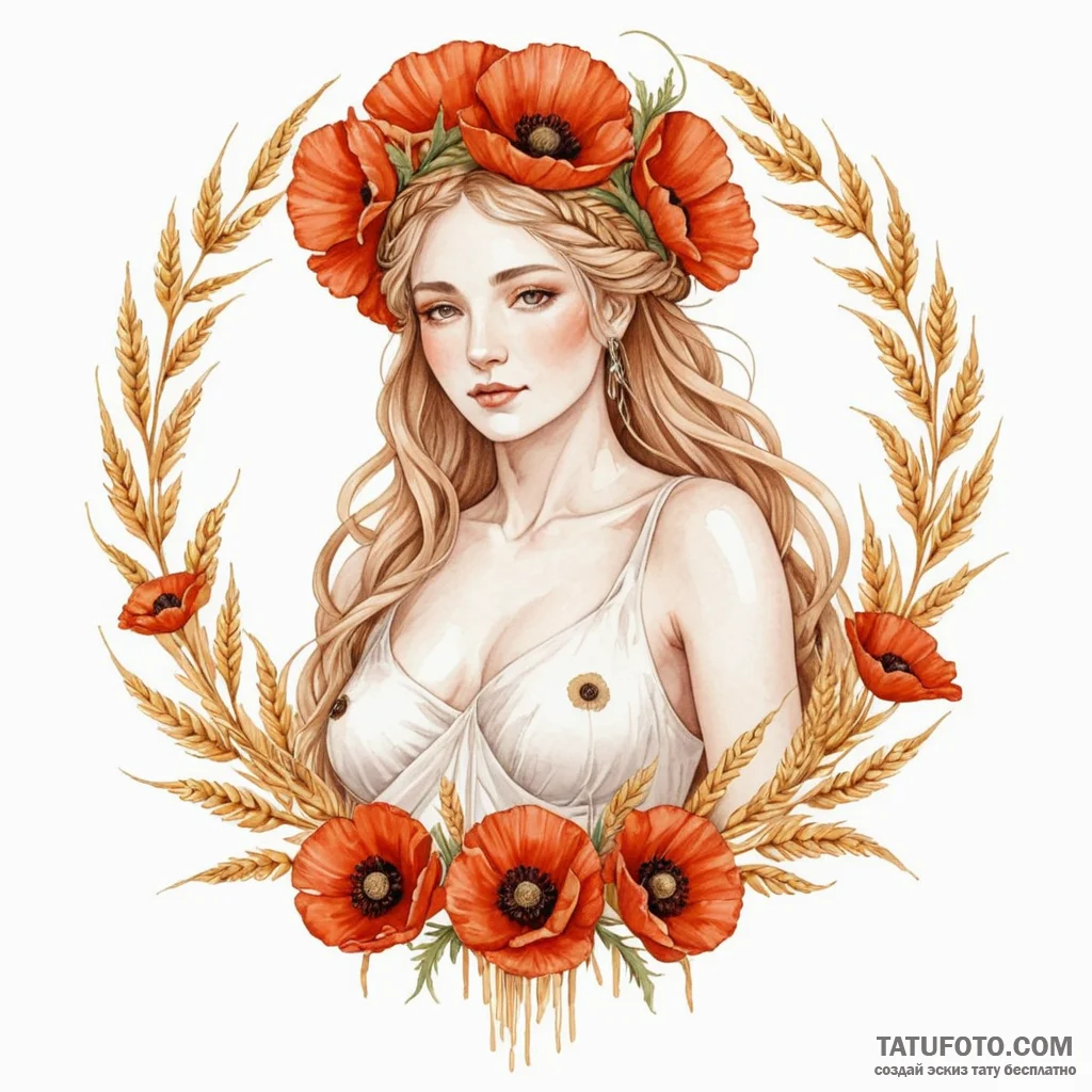 The goddess of the harvest, her body is woven... - эскиз тату (№1750258165_0, 18.06.2025 14:49) — Tatufoto.com