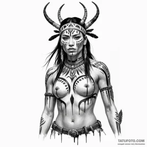 A fierce amazon warrior, her body painted wit... - эскиз тату (№1750259116_0, 18.06.2025 15:05) — Tatufoto.com