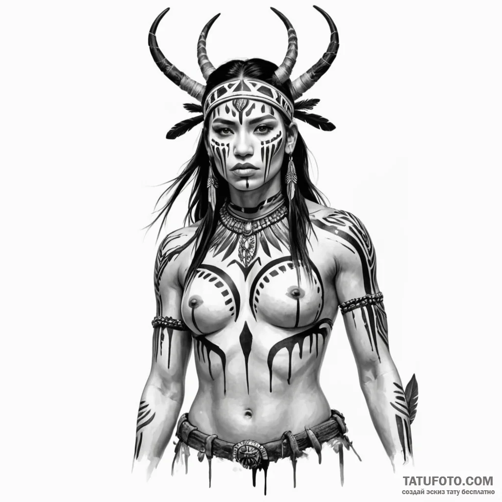 A fierce amazon warrior, her body painted wit... - эскиз тату (№1750259116_0, 18.06.2025 15:05) — Tatufoto.com