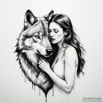 A woman embracing a wolf, she is calm and ser… — эскиз тату (№1750260892_0, 18.06.2025 15:34) — Tatufoto.com