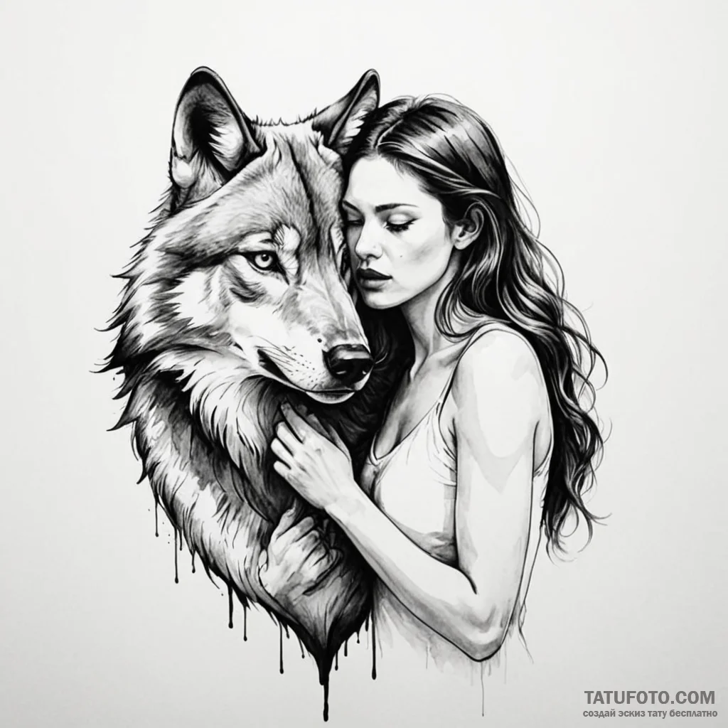 A woman embracing a wolf, she is calm and ser... - эскиз тату (№1750260892_0, 18.06.2025 15:34) — Tatufoto.com