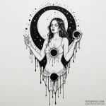 A woman holding a glowing sun in one hand and… — эскиз тату (№1750261081_0, 18.06.2025 15:38) — Tatufoto.com