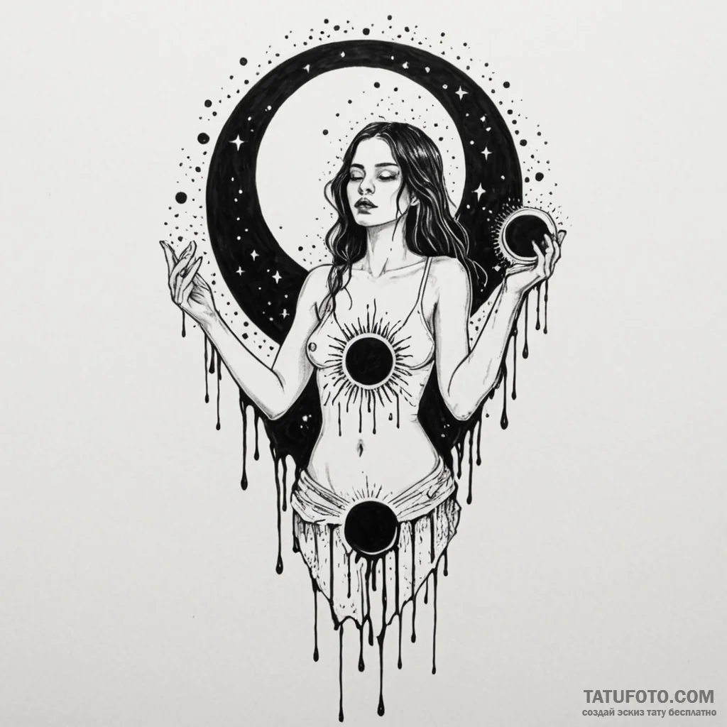 A woman holding a glowing sun in one hand and... - эскиз тату (№1750261081_0, 18.06.2025 15:38) — Tatufoto.com