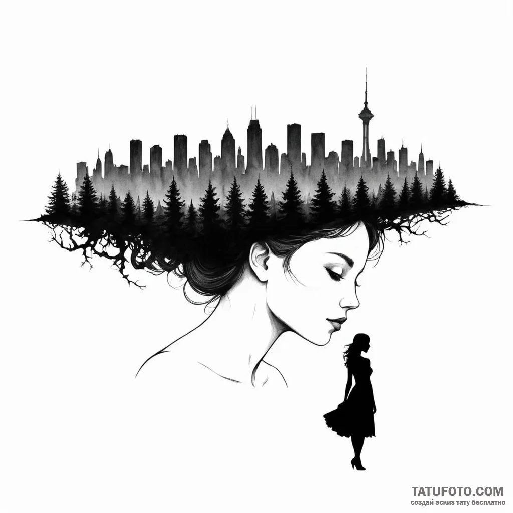 A woman's silhouette against a city skyline,... - эскиз тату (№1750261648_0, 18.06.2025 15:47) — Tatufoto.com
