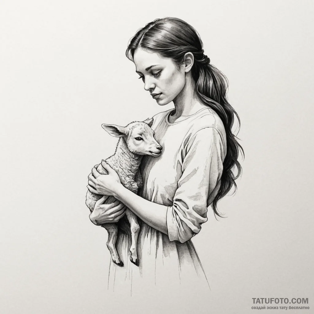 A woman tenderly holding a lamb, while a shad... - эскиз тату (№1750261903_0, 18.06.2025 15:51) — Tatufoto.com
