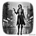 A noir scene in a futuristic city, a female d… — эскиз тату (№1750262853_0, 18.06.2025 16:07) — Tatufoto.com