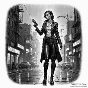 A noir scene in a futuristic city, a female d... - эскиз тату (№1750262853_0, 18.06.2025 16:07) — Tatufoto.com