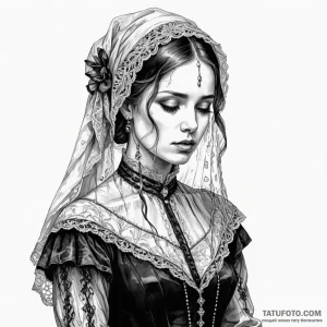 A woman in a victorian mourning dress, her fa... - эскиз тату (№1750263675_0, 18.06.2025 16:21) — Tatufoto.com