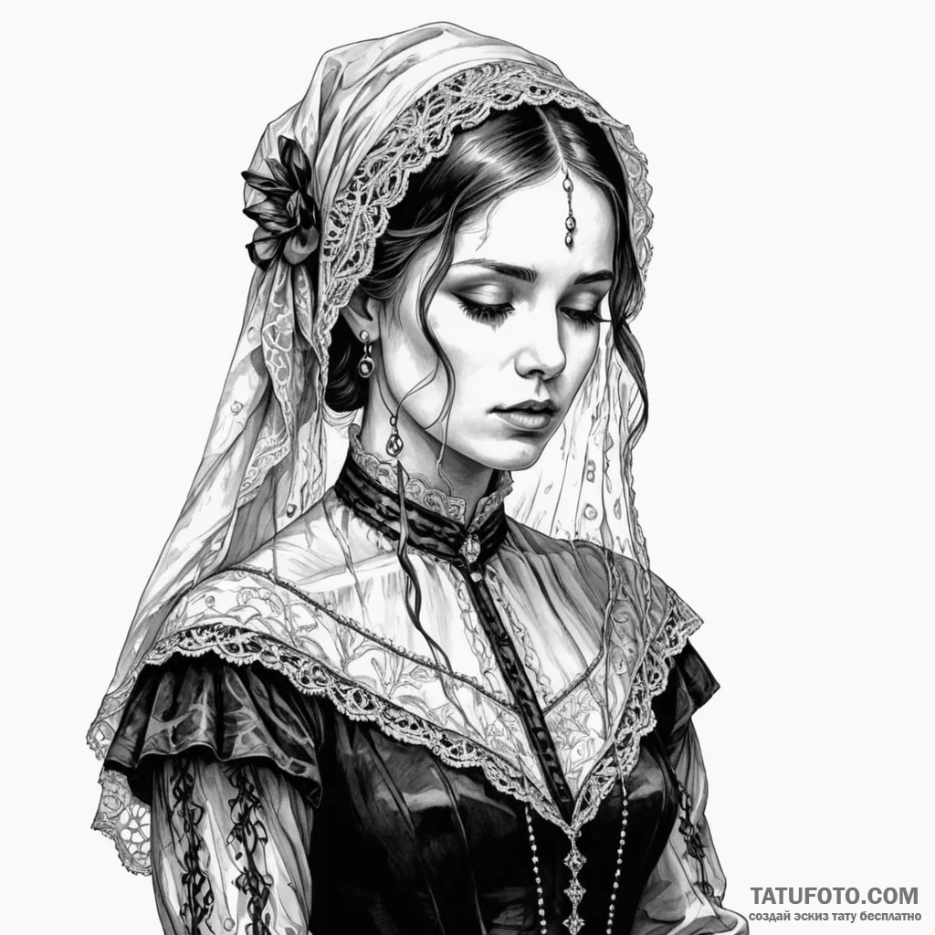 A woman in a victorian mourning dress, her fa... - эскиз тату (№1750263675_0, 18.06.2025 16:21) — Tatufoto.com