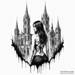 A woman's back covered in a tattoo of a haunt... - эскиз тату (№1750263801_0, 18.06.2025 16:23) — Tatufoto.com
