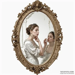 A woman looking into a baroque mirror, but he... - эскиз тату (№1750264430_0, 18.06.2025 16:33) — Tatufoto.com