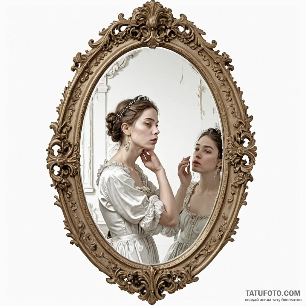 A woman looking into a baroque mirror, but he... - эскиз тату (№1750264430_0, 18.06.2025 16:33) — Tatufoto.com