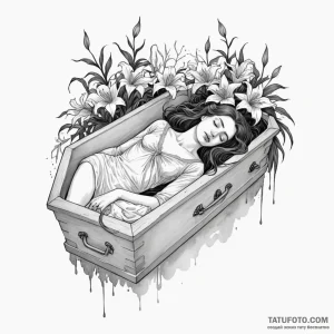 A beautiful woman asleep in a coffin, surroun... - эскиз тату (№1750264619_0, 18.06.2025 16:36) — Tatufoto.com