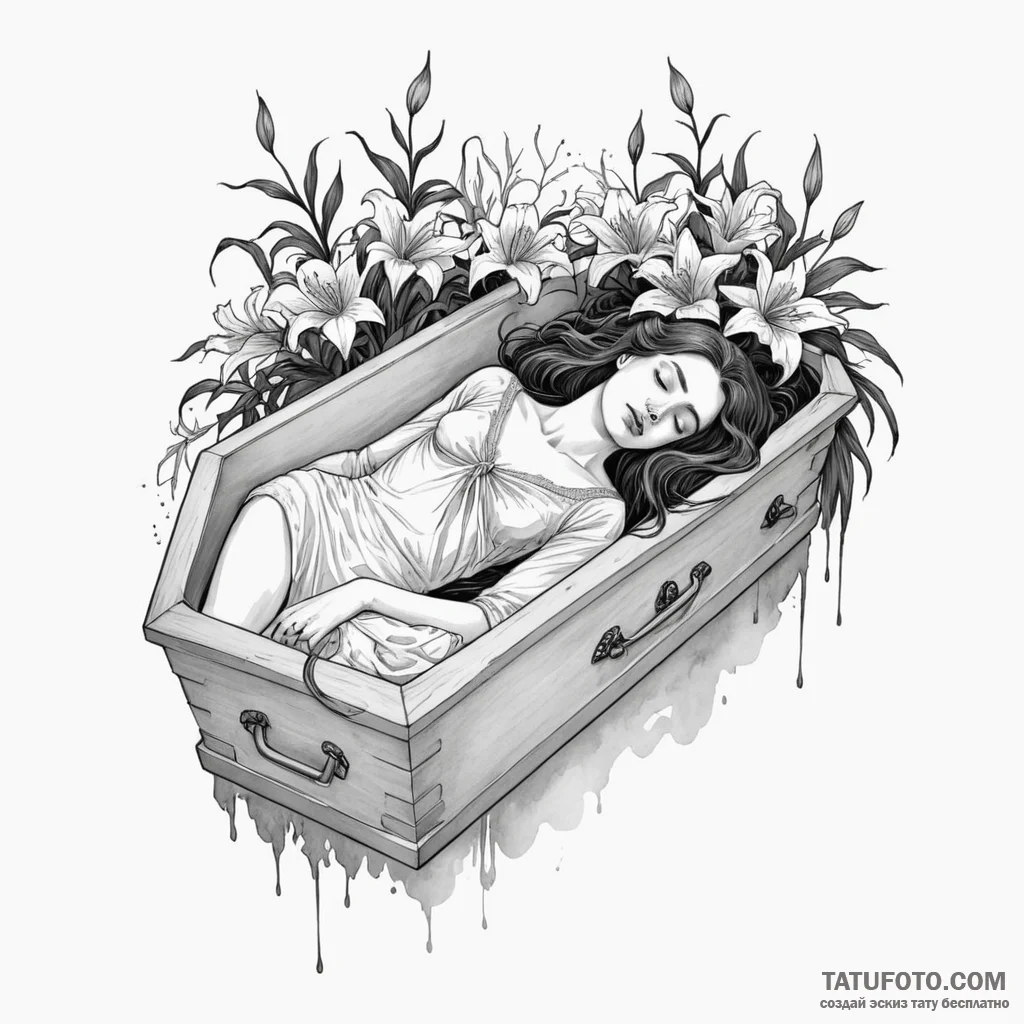 A beautiful woman asleep in a coffin, surroun... - эскиз тату (№1750264619_0, 18.06.2025 16:36) — Tatufoto.com