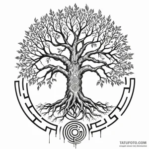 A tree with its roots exposed, forming a laby... - эскиз тату (№1750266155_0, 18.06.2025 17:02) — Tatufoto.com