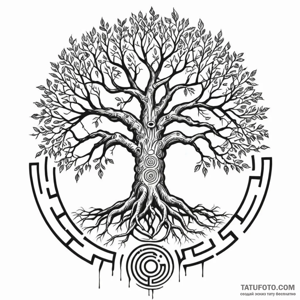 A tree with its roots exposed, forming a laby... - эскиз тату (№1750266155_0, 18.06.2025 17:02) — Tatufoto.com
