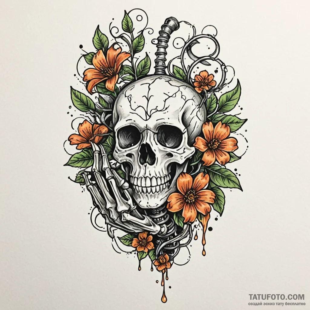 Tattoo machine held in a skeletal hand, drawi... - эскиз тату (№1750268051_0, 18.06.2025 17:34) — Tatufoto.com
