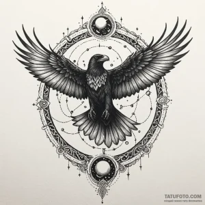 Cosmic raven flying through rift, tattoo flas... - эскиз тату (№1750268116_0, 18.06.2025 17:35) — Tatufoto.com