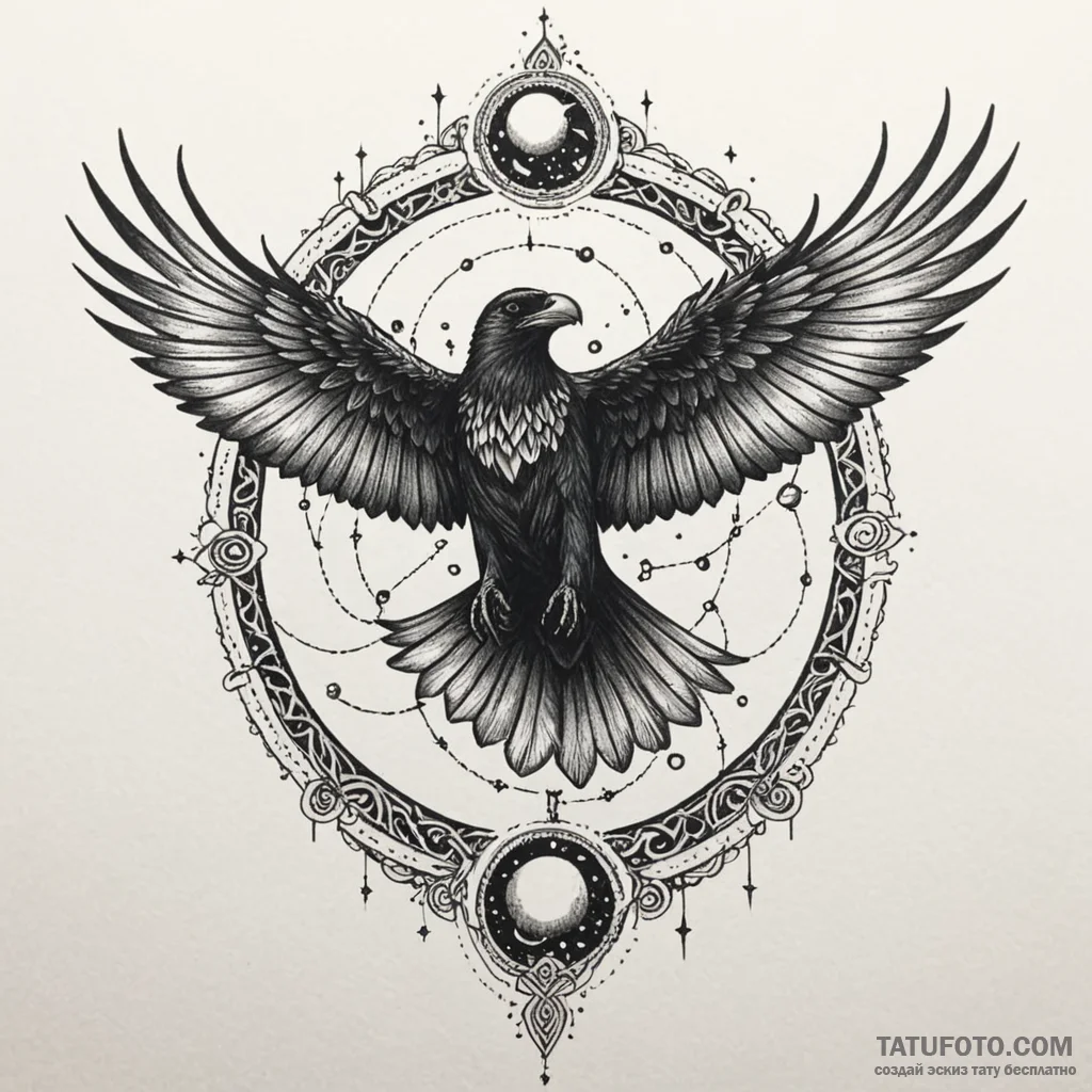 Cosmic raven flying through rift, tattoo flas... - эскиз тату (№1750268116_0, 18.06.2025 17:35) — Tatufoto.com