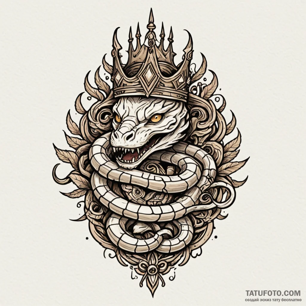 Hidden serpent crowned in bone, tattoo flash... - эскиз тату (№1750268764_0, 18.06.2025 17:46) — Tatufoto.com