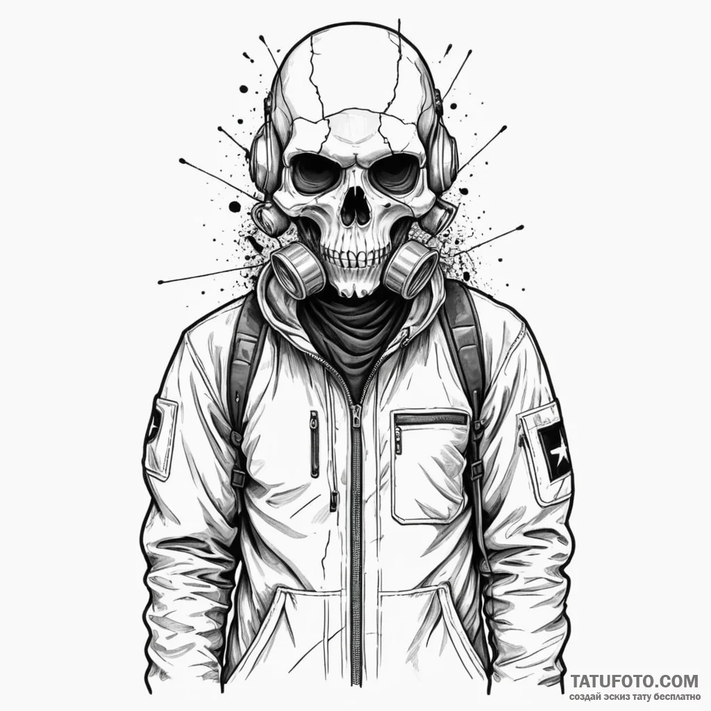 Hazmat suit, helmet cracked, revealing a skul... - эскиз тату (№1750269999_0, 18.06.2025 18:06) — Tatufoto.com