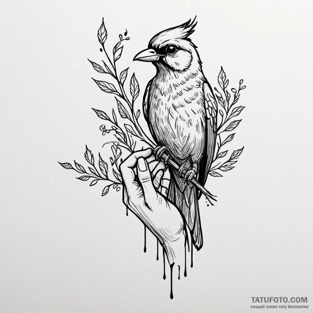 A whimsical bird perched on a hand, trusting,... - эскиз тату (№1750270644_0, 18.06.2025 18:17) — Tatufoto.com