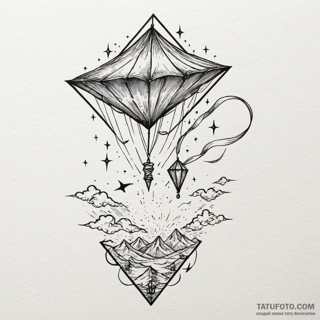 Kite flying through spectral storm, tattoo dr... - эскиз тату (№1750272334_0, 18.06.2025 18:45) — Tatufoto.com